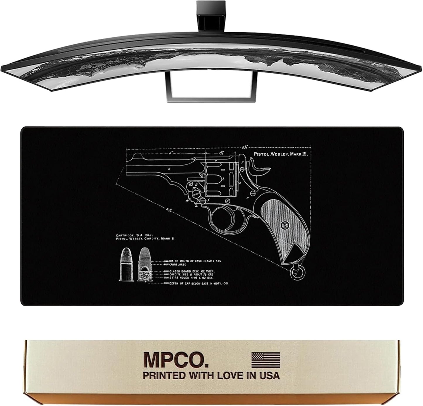 MPCO. Blueprints Large Gaming Desk Pad - 36" x 17" Aeroglyde Fabric Pistol Webly Mark IV – Black Desk Mats - Non-Slip, Washable, Smooth Glide for Precision Gaming & Work