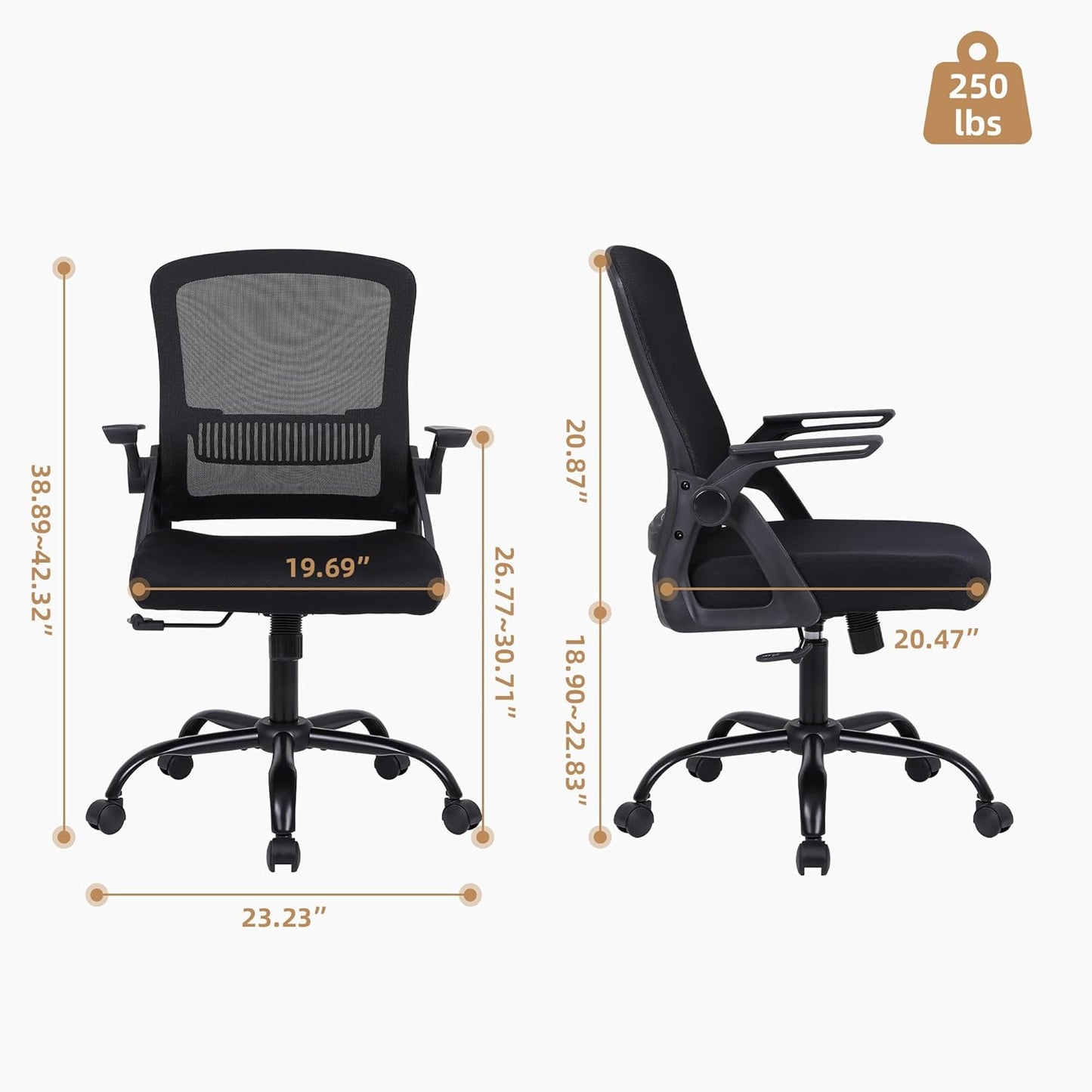Ergonomic Desk Chair with Lumbar Support, Breathable Mesh with Flip-up Armrests and Mid Back, Comfortable Task Computer Height Adjustable Swivel Chair (10, Black)