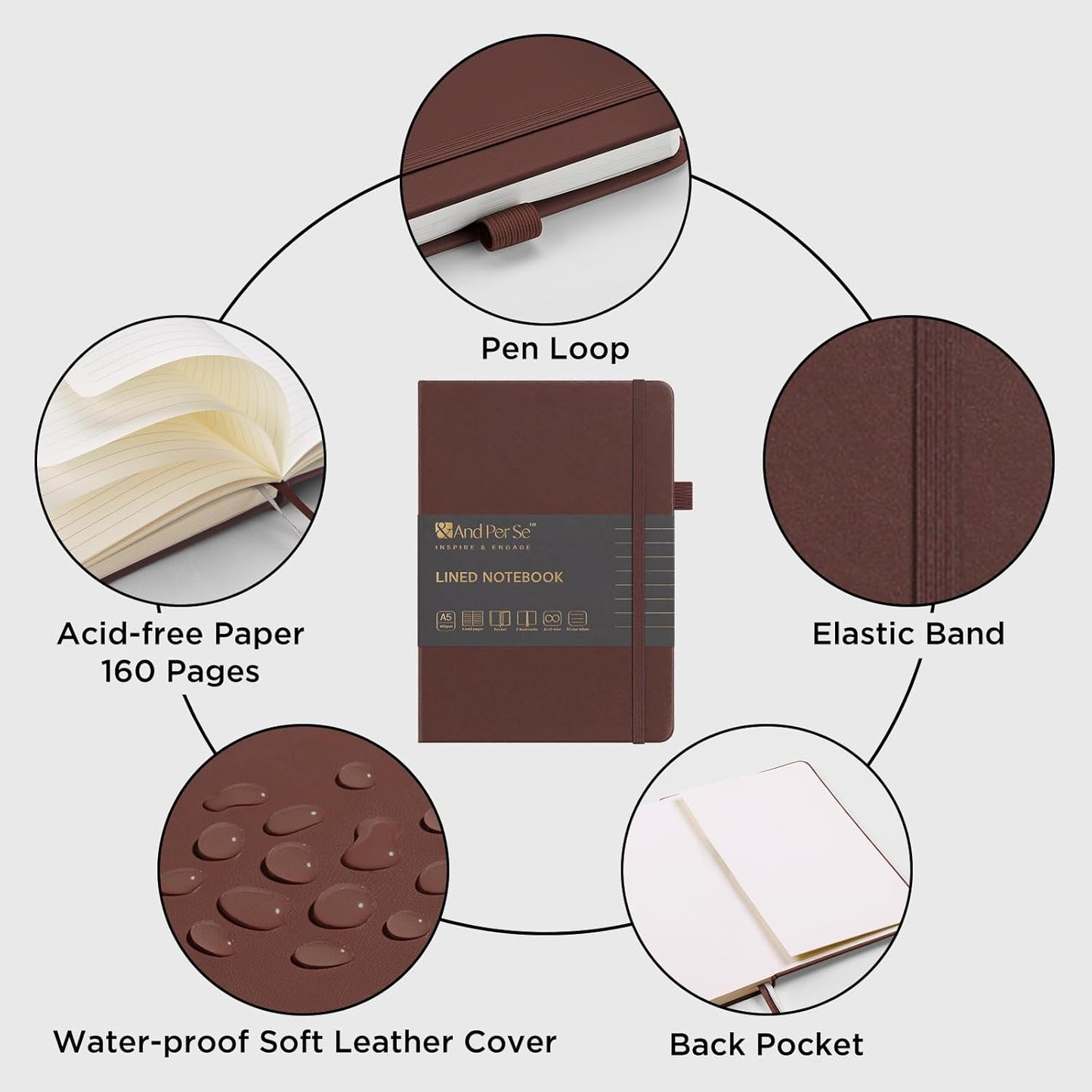 &And Per Se Lined Journal Notebook, 160 Pages, A5 5.7 x 8 inches College Ruled Thick Paper Notebook Journals for Writing, Hardcover Notebooks for Women Men Office School (1 Pack, Chocolate)