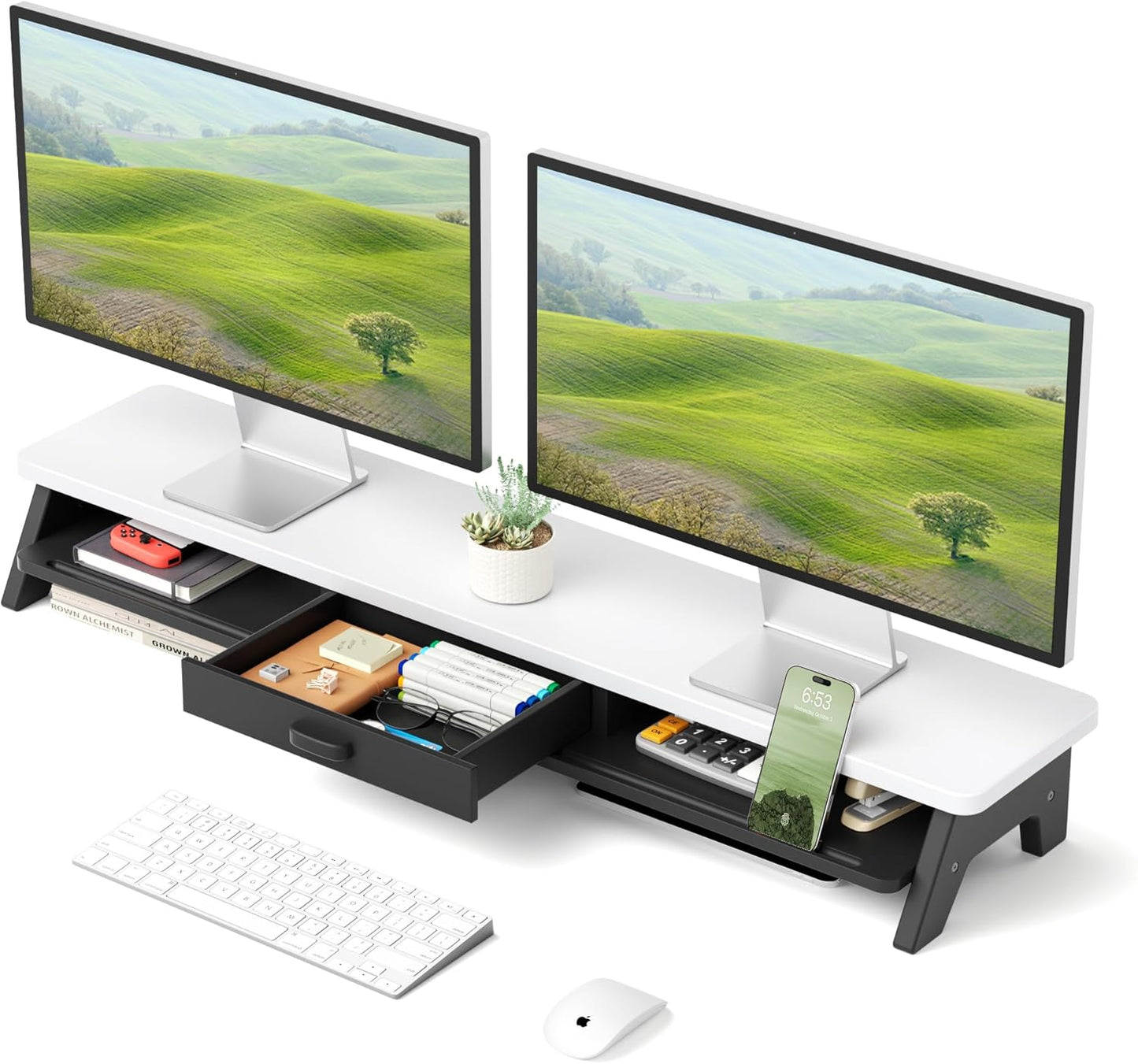 Dual Monitor Stand Riser,LED 2-Tier 39.3 Inch Computer Monitor Stand for 2 Monitors,Office Desktop Organizer with Storage Drawer and Phone Holder for Laptop,PC,Computer,Printer,White