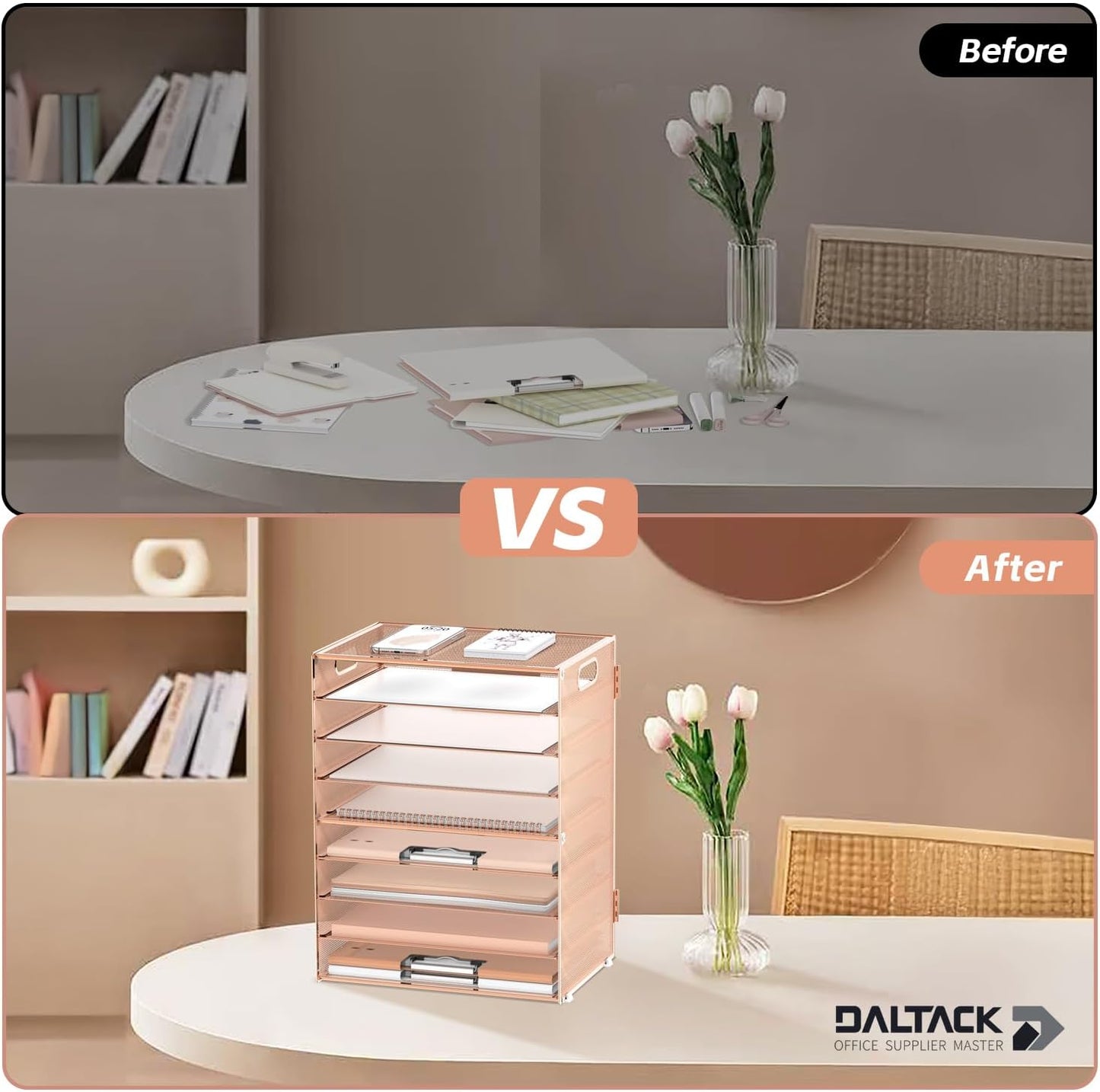 DALTACK 9-Tier Paper Letter Tray Desk Organizer with Handles, Mesh File Holder Organization, File Organizer for Desk Paper Sorter for Office Home School, Gold Rose