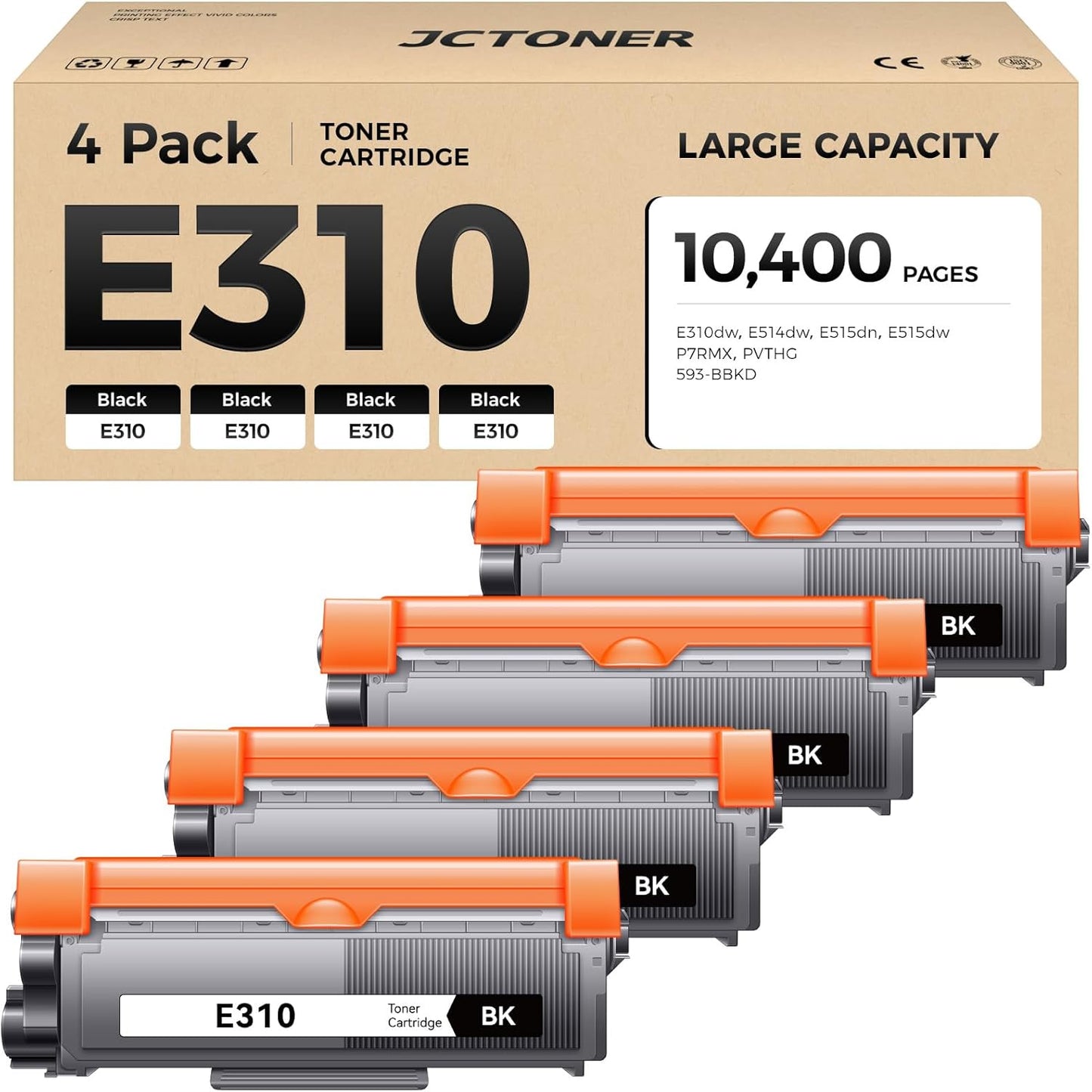 E310 Black Toner Cartridge 4-Pack Replacement for Dell E310 E310dw E514 E515 P7RMX PVTHG 593-BBKD Toner Compatible with Dell Wireless Monochrome E310dw E514dw E515dn E515dw Printer Ink All-in-One Copy