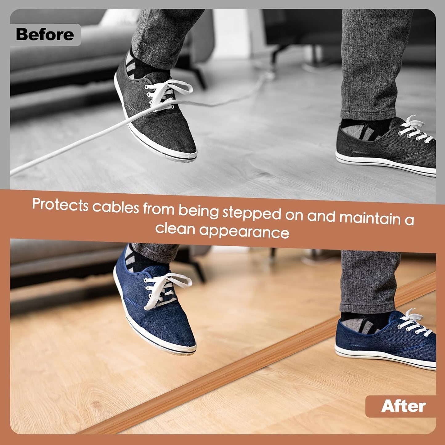 Floor Cord Cover for Wires on Floor Self Adhesive Cord Hider Floor Cable Management Wire Covers for Cords Protector Prevent Cable Trips Cord Cavity W 0.51" x H 0.31", Brown Wood, 10Ft