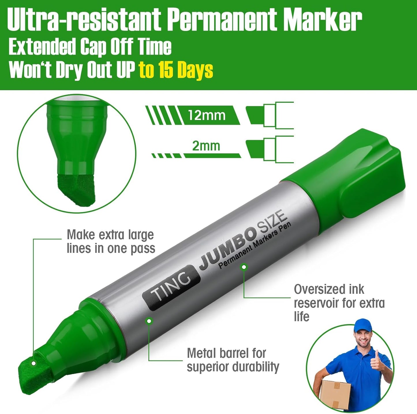 Fuutreo 10 Pack Jumbo Permanent Markers Bulk Large Chisel Tip Permanent Markers Quick Drying Waterproof Big Huge Poster Pens for Office, Logistics Company and More(Grass Green)