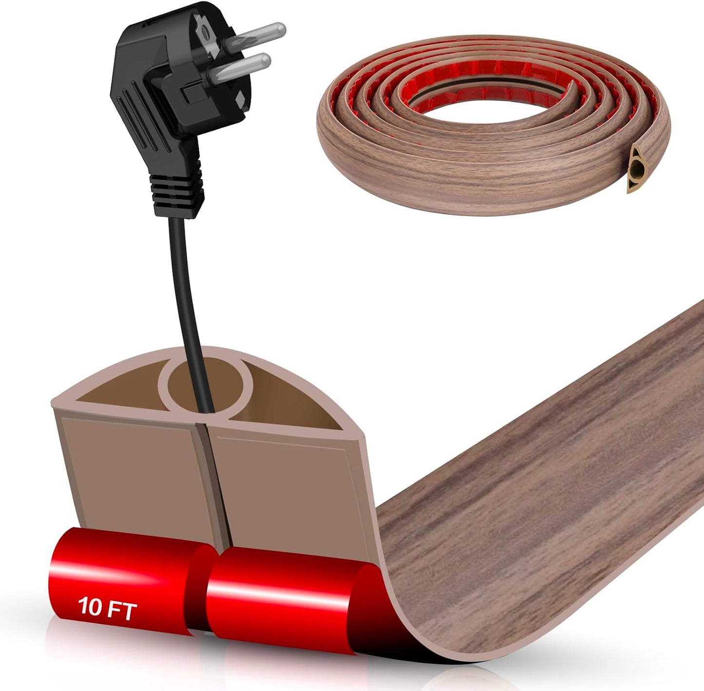 Floor Cord Cover Self Adhesive Cord Hider,10FT Cable Management, Extension Strip Protector for Wires, Prevent Cable Trips for Offices, Gyms, Exhibitions Cavity:0.3"(W) x 0.28"(H) Wood Walnut