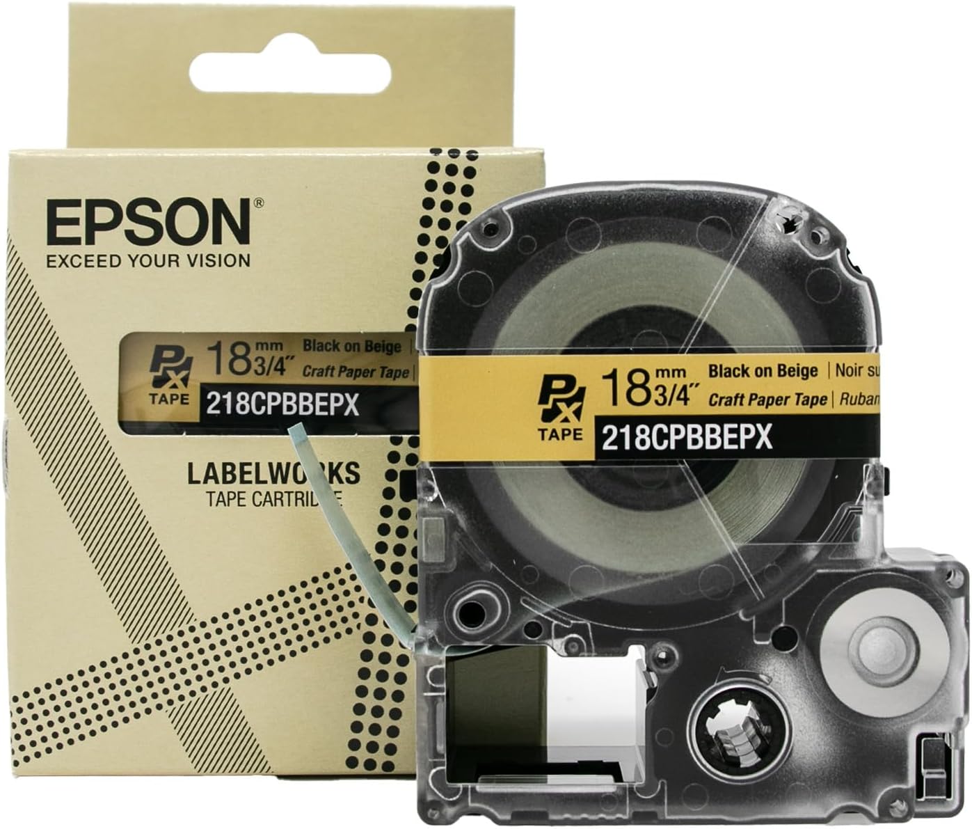 Epson LABELWORKS 218CPBBEPX Genuine Craft Paper Tape Cartridge - Black on Beige Craft Paper Label Maker Tape - 3/4" (18MM) Wide, 16.5'