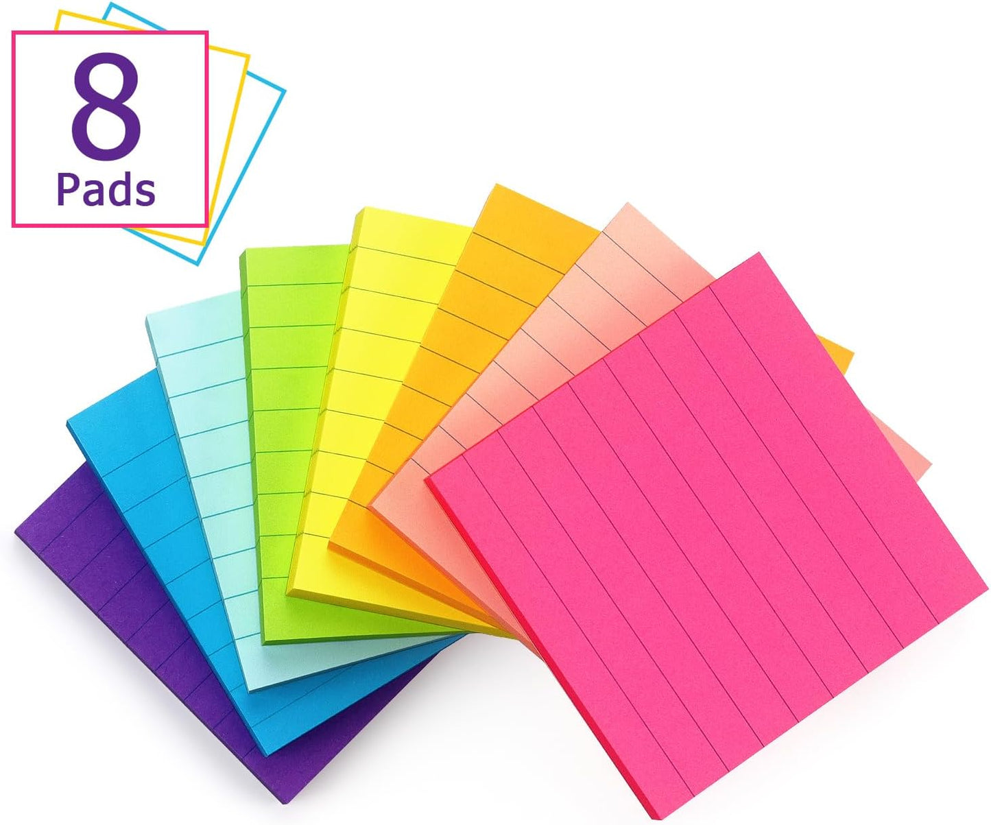 Eastern Wolf 8 Pads Lined Sticky Notes 3x3 Sticky Notes with Lines Self-Stick Note Pads 8 Bright Multi Colors, 85 Sheets/Pad