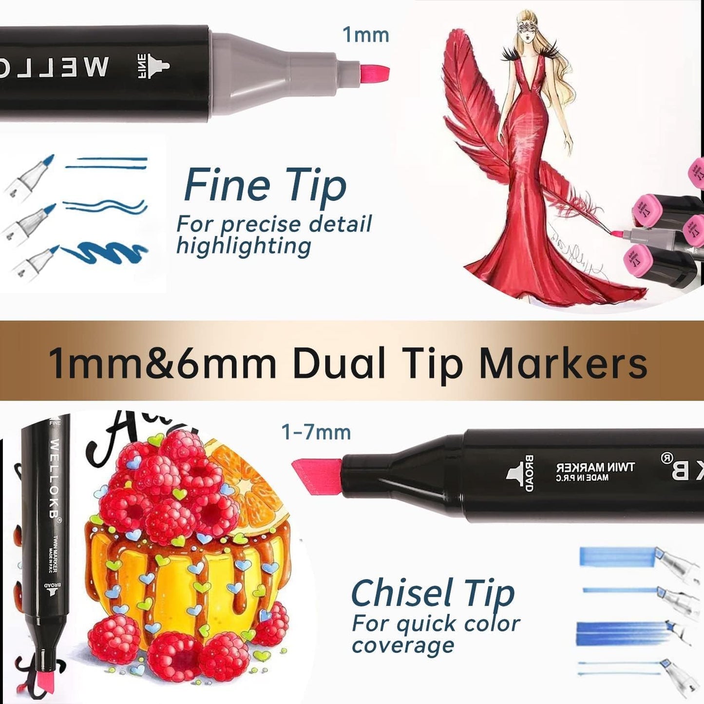 Dual Tip Art Markers, 24 Colors Drawing Markers - Coloring & Sketching for Adults & Kids 8-12