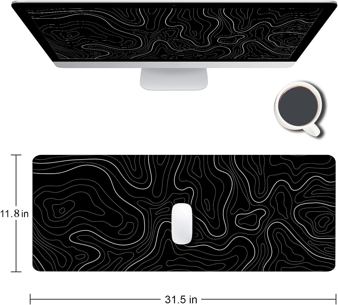 Large Mouse Pad, Extended XL Gaming Mousepad, Non-Slip Rubber Base Keyboard Mouse Mat Desk Pad for Work, Game, Office, Home, 31.5 x 11.8 in, Black Minimalist Topographic Map PL230707021