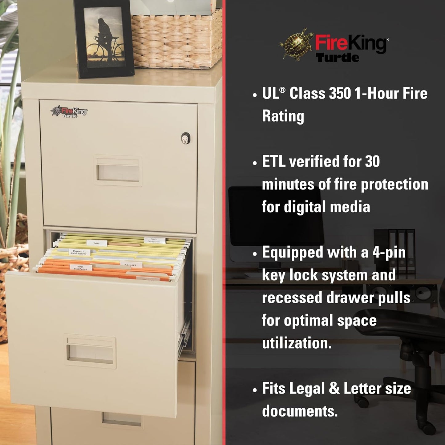 FireKing Turtle Vertical 4 Drawer Legal and Letter Fire Safe File Cabinet with Key Lock, 1 Hour Fire Rated, UL Rated & Water Resistant Home Safe, Filing Cabinet, Made in The USA, Black
