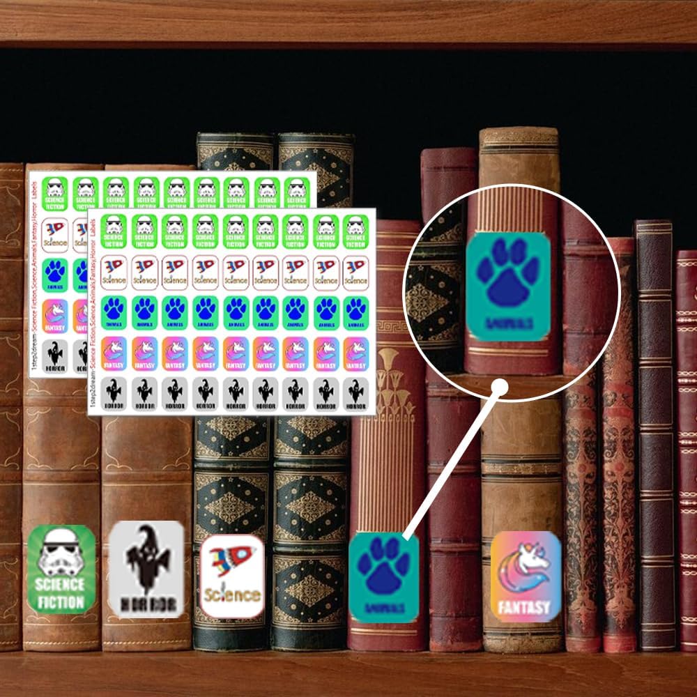 Genre Book Spine Labels for Library | Classroom Library Classification Stickers 450pcs | Science Fiction,Science,Animals,Fantasy,Horror