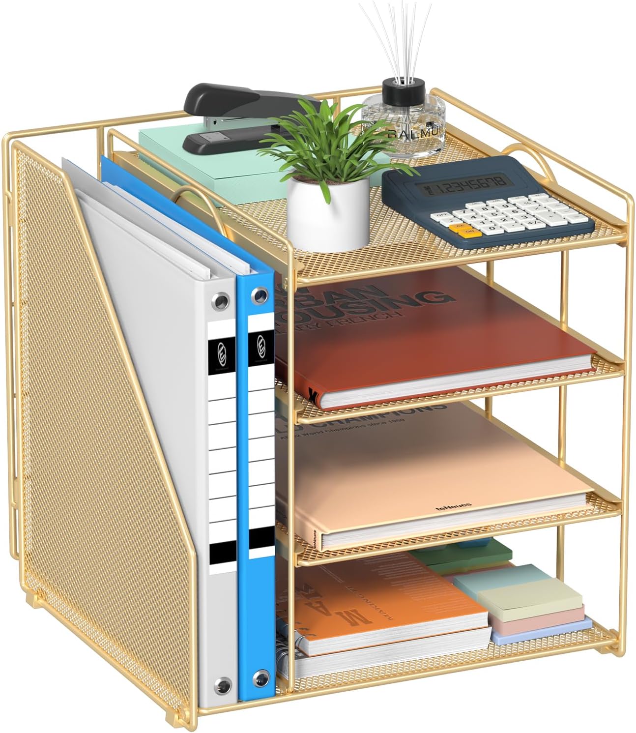 Desk File Organizer and Accessories, 4-Tier Paper Organizer with Vertical File Holder, Office Desk Accessories & Workspace Organizers and Storage for Office Supplies (Gold)