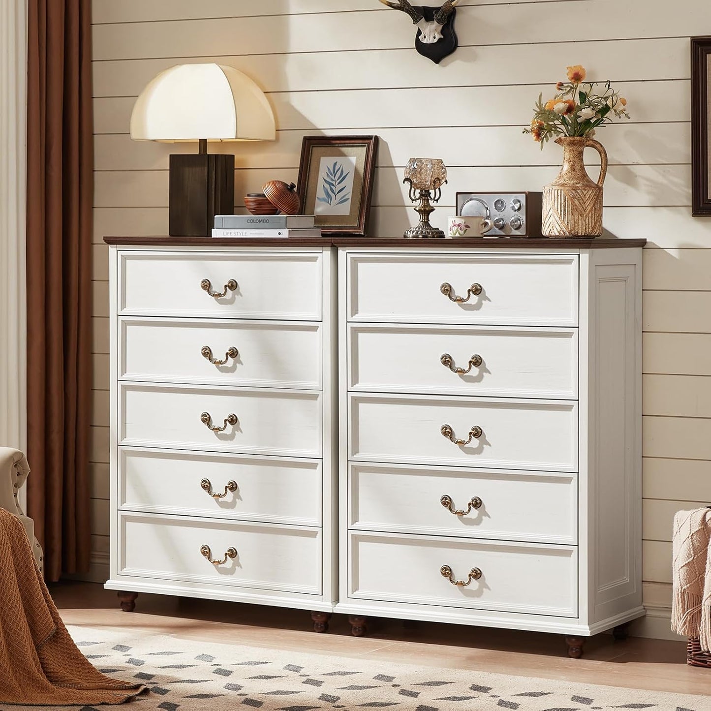 Farmhouse 5 Drawer Dresser Set of 2 for Bedroom, 45" Tall Rustic Chests of Drawers w/ 4 Solid Wood Feet, Mid Century Vintage Wooden Closet Storage Dressers Organizer for Living Room, White