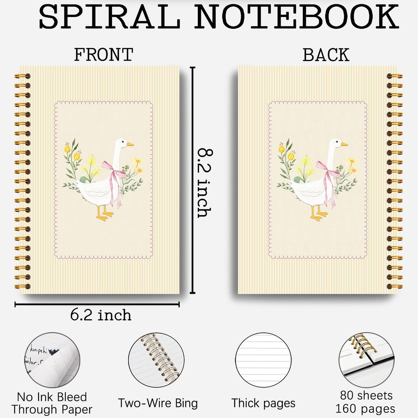 Guymn Coquette Pink Bow Floral Goose Notebook, Butter Yellow Cute Goose Journal for Kids Girls, Geese Animal Lover Gifts Hardcover Spiral Notebooks Journals 5.5x8.3 Inch