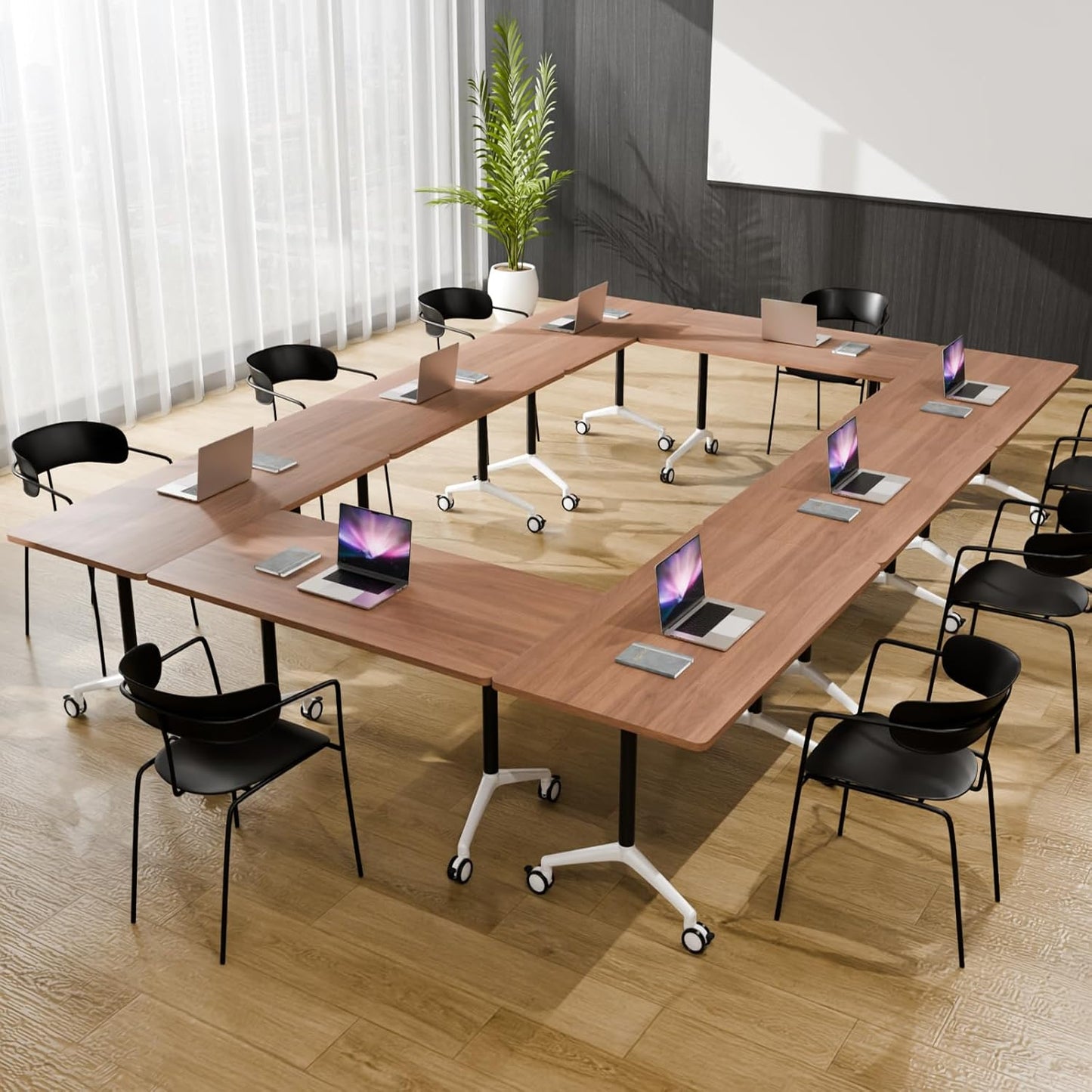 Folding Conference Table, Modern Large Conference Room Tables with Flip-Top Design, Foldable Conference Table Meeting Table with Wheels, Mobile Seminar Training Tables for Office Classroom (6, Brown)