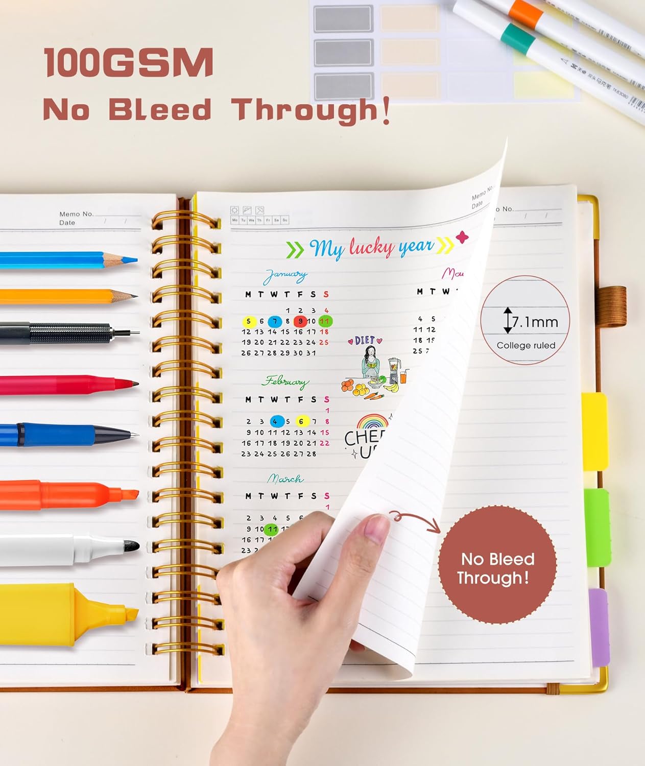 Hardcover Spiral Notebook Journal with Removable Dividers Tabs, 300 Pages Leather 5 Subject Notebook College Ruled, 8"x10" Large B5 Notebooks for Work School, Lined Journal for Men, Light Brown