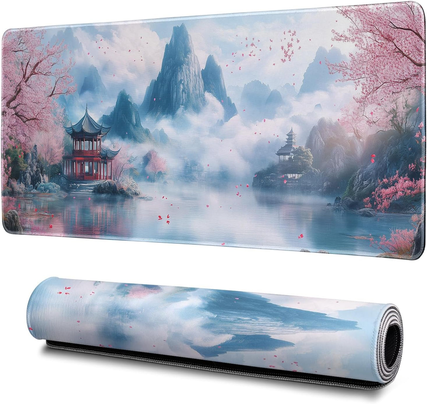 Cherry Blossom Watercolor Mouse Pad Abstract Big Mouse Pad 31.5x11.8 Inch Landscape Texture Non-Slip Rubber Base Large Mousepad Stitched Edges Keyboard Mouse Mat Desk Pad for Office and Home