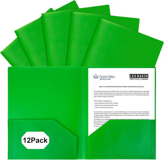12-Pack Plastic Folders with Pockets,2-Pocket Poly Folders Holds 8-1/2" x 11" Paper for School/Office/Home, Green