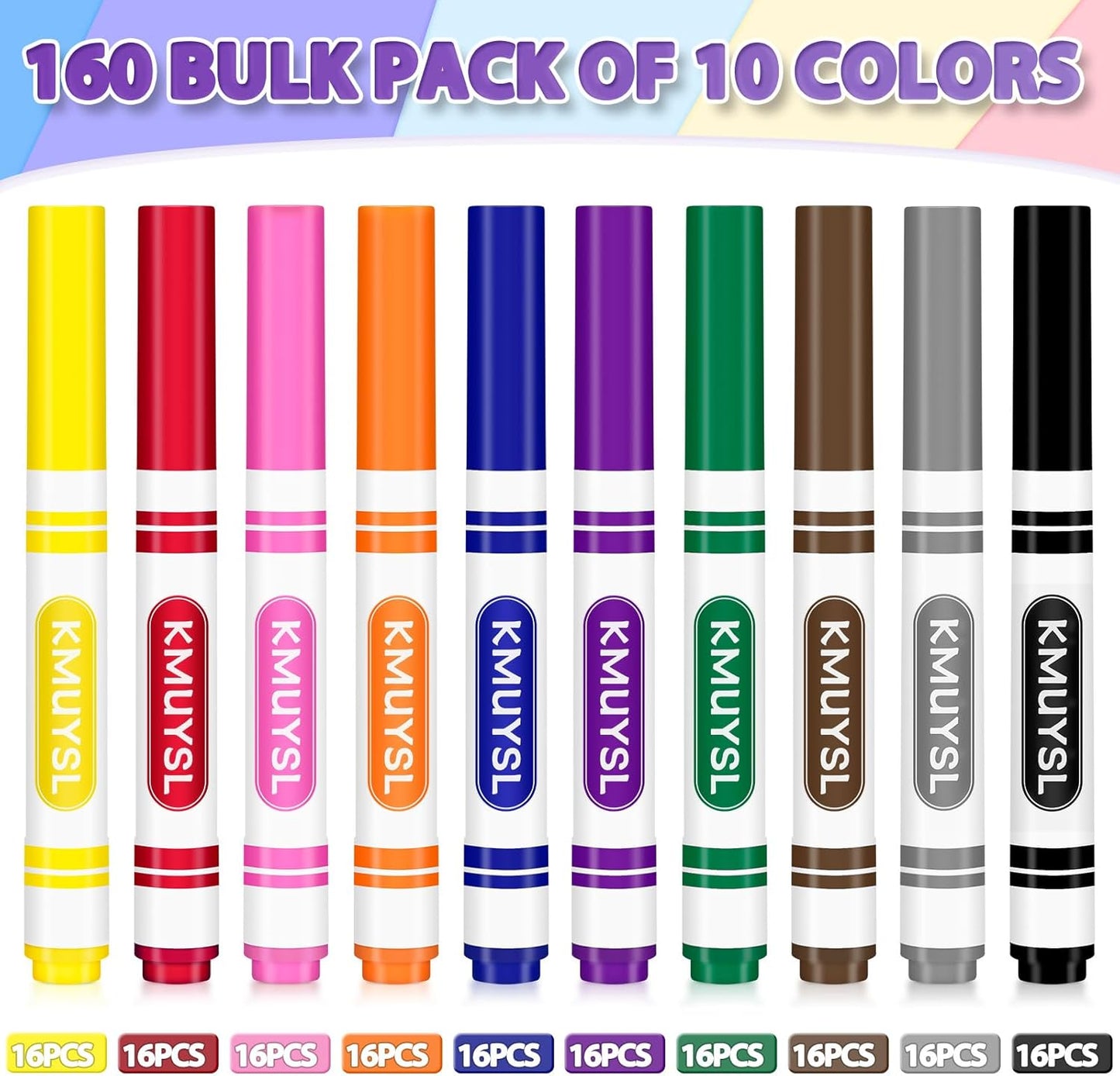 KMUYSL 160 Count Washable Markers Bulk, 10 Assorted Colors - Broad Line Conical Tip Coloring Markers for Kids, School Art Supplies & Back to School Supplies, Teacher Classroom Must Haves