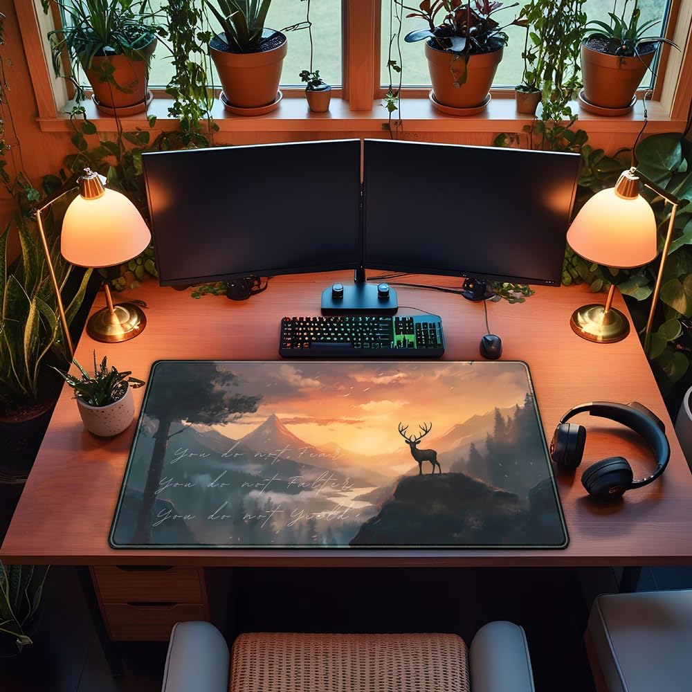 Misty Forest Desk Pad Mat Anime Mouse Pad Gaming Playmat, Large Mouse Pad Deer Desk Mouse Laptop Keyboard Pad Computer Mats for Desktop Full Desk Mouse Pads Office Desk Game(31.5x15.8 in)