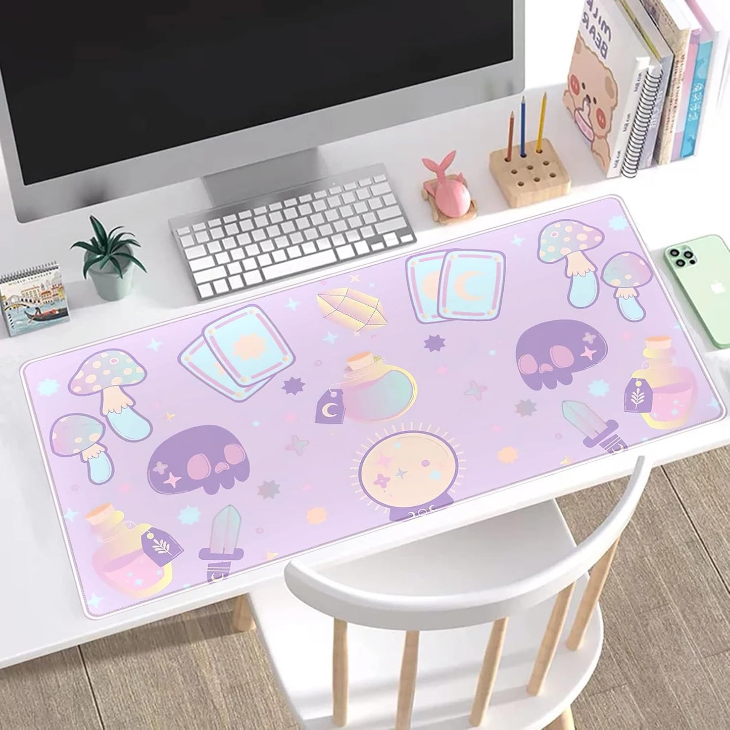 Kawaii Purple Desk Mat,Cute Witchy Elements Mouse Pad, Desk Pad Mystical Goth,XXL Gamig Desktop Mat,Extended Keyboard Mousepad Large for Computer Laptop,Girl Gamer Desk Decor 31.5''x15.7''