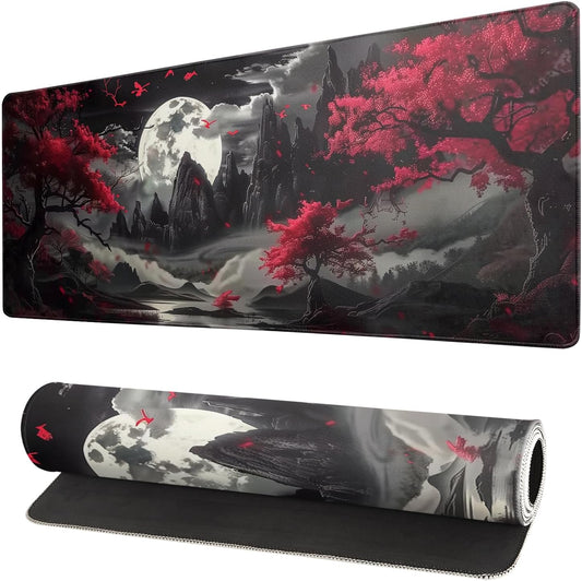 Mousepad 31.5 x 11.8 inches, Large Gaming Mouse Mat with Non-Slip Base, Extended Anime Mouse pad, Full Keyboard Mat with Stitched Edges for Gaming and Office (Red Moon)
