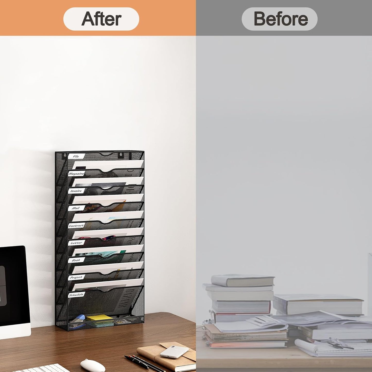 10 Tier Hanging Wall File Holder, Metal A4 Wall Mounted Document Holder, Vertical Hanging Mail Organizer, Magazine Storage Rack With Tray For Office Home Classroom, Black