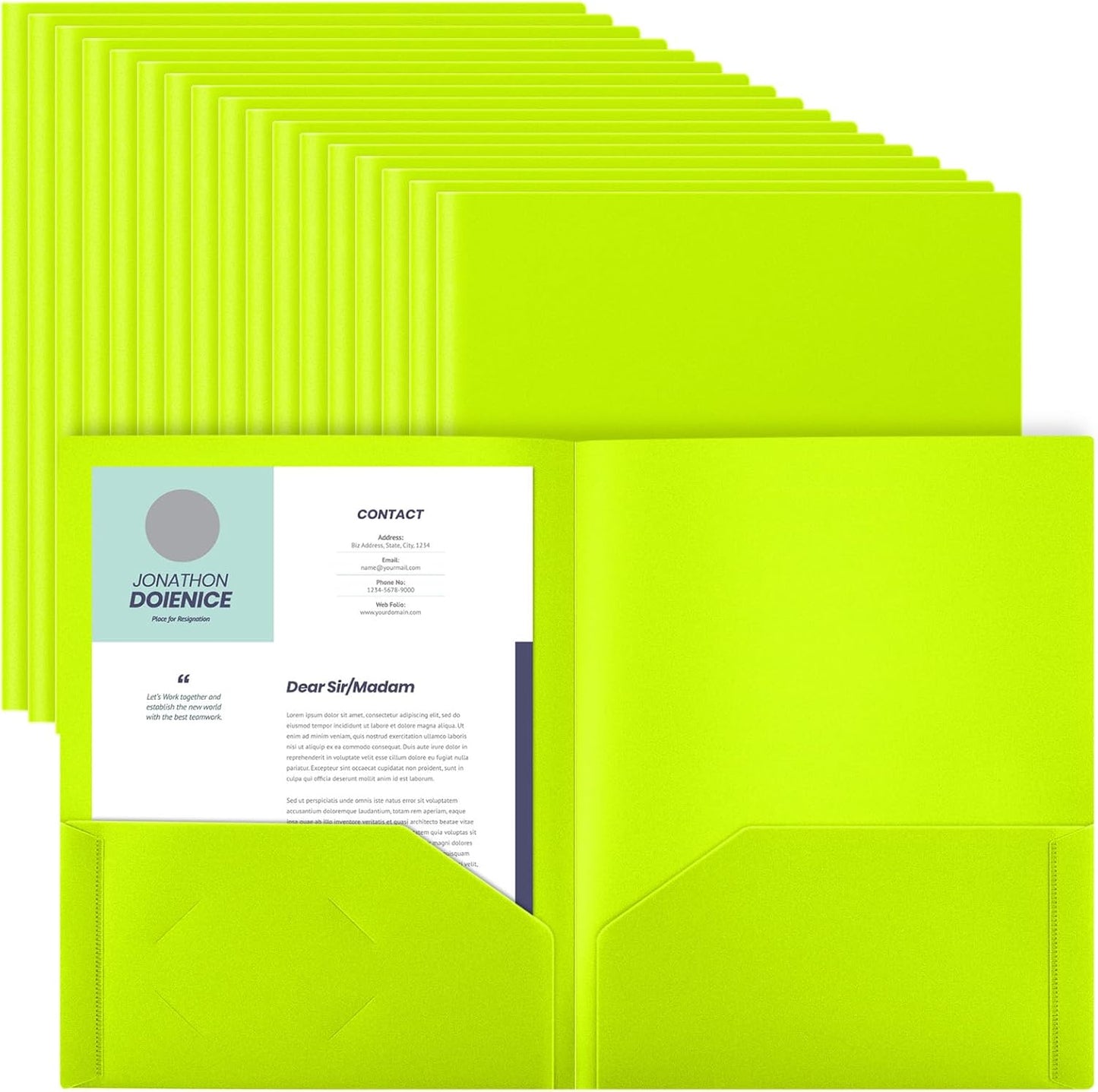Gueevin 150pcs Plastic Folders with Pockets, Two Pocket Folder Fit 8.5 x 11 Inch Letter Size Paper, Heavy Duty School Folders Business Card Holder for Home Office School Bussiness (Bright Green)