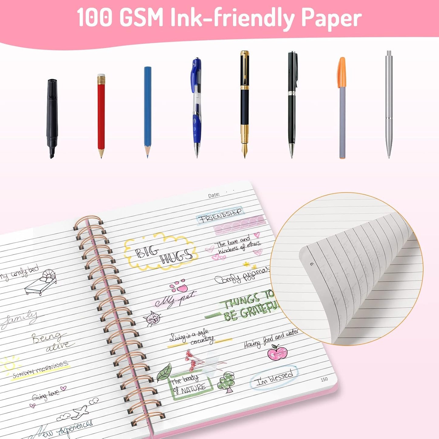 Forvencer A4 Lined Spiral Journal Notebook with 300 Numbered Pages, 11" X 8.5" Thick Journals for Writing with 100GSM Paper, Hardcover Notebooks with Contents for Work, School, Pink