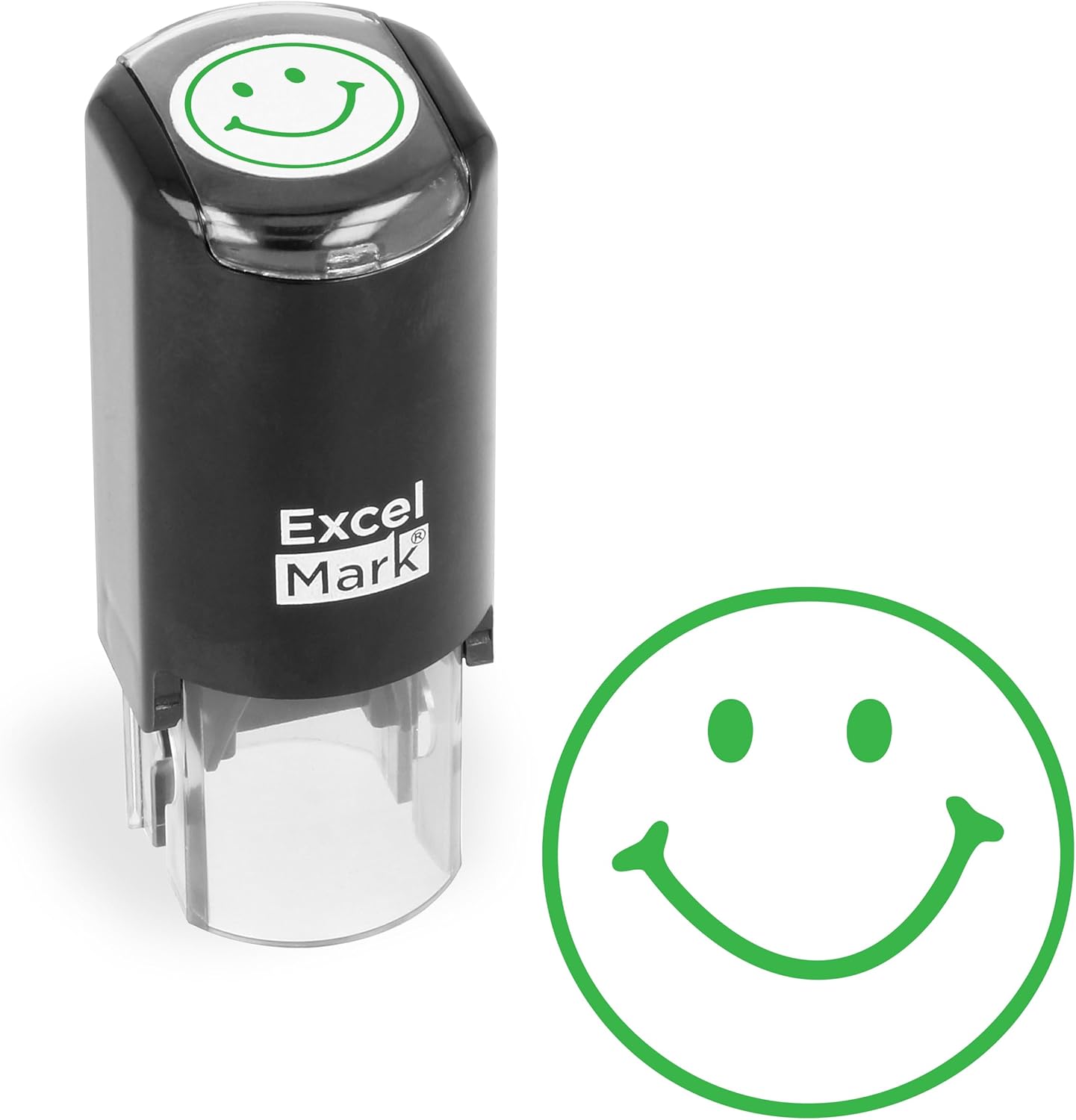 ExcelMark Round Teacher Stamp - Smiley FACE 1 - Green Ink