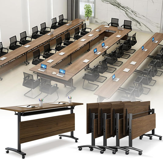 Folding Conference Room Table, Modern Conference Tables with Wheels, Large Rectangular Mobile Training Tables for Office Classroom, Foldable Modular Boardroom Seminar Table Walnut (4pack L70.9in)