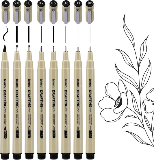 Micron 8 Counts Fineliner Pens - Archival Black Ink Pen - Assorted Points Sizes 0.05mm to 2mm Ultra Fine Tips & Brush Pens for Writing, Drawing, or Bullet Journaling (8 Point Sizes)