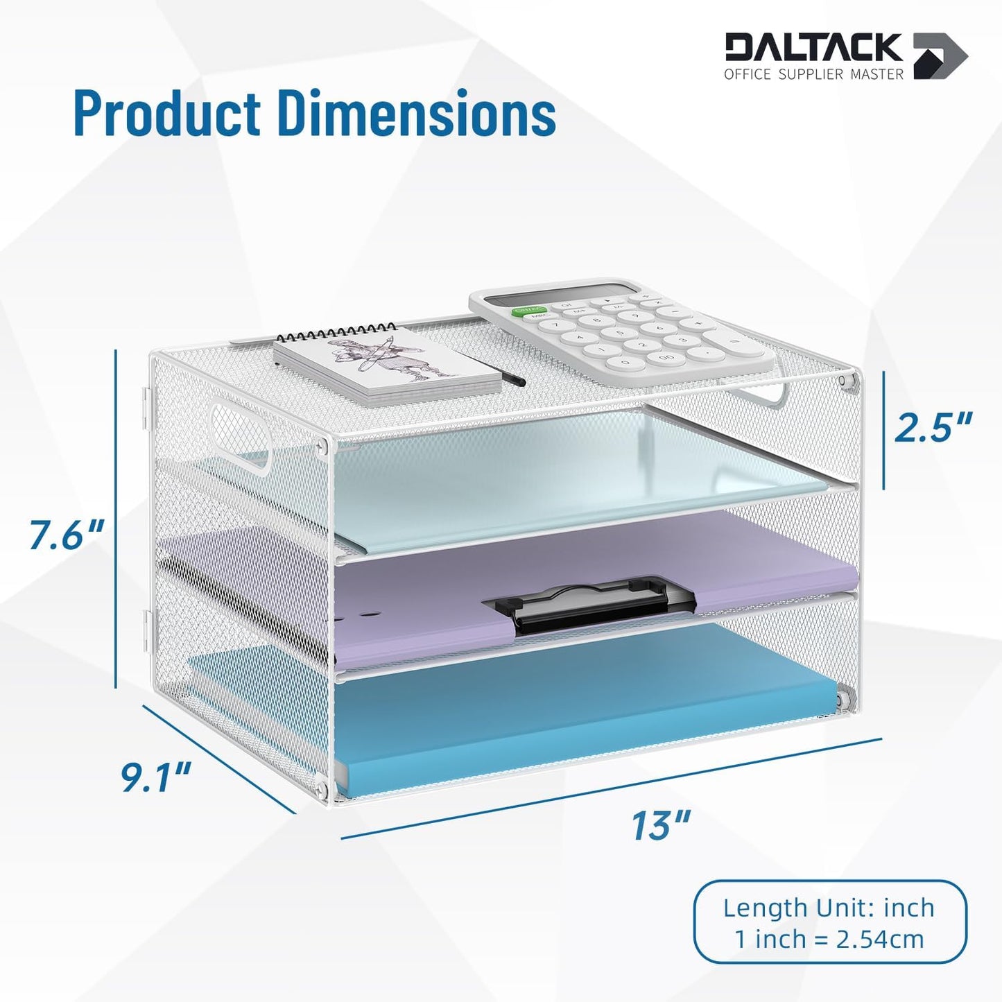 DALTACK 3 Tier Letter Tray Paper Organizer with Handle, Mesh Desk File Organizer, Paper Tray Desk Organizer for School Office Home, Metal Mesh, White