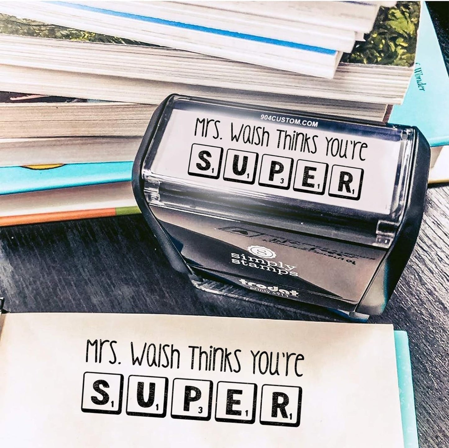 Custom Self-Inking Teacher Stamps | 49 Designs | Fun Phrases | Grading Made Easy | Classroom and Library Book Stamps (Super Tiles, Large)