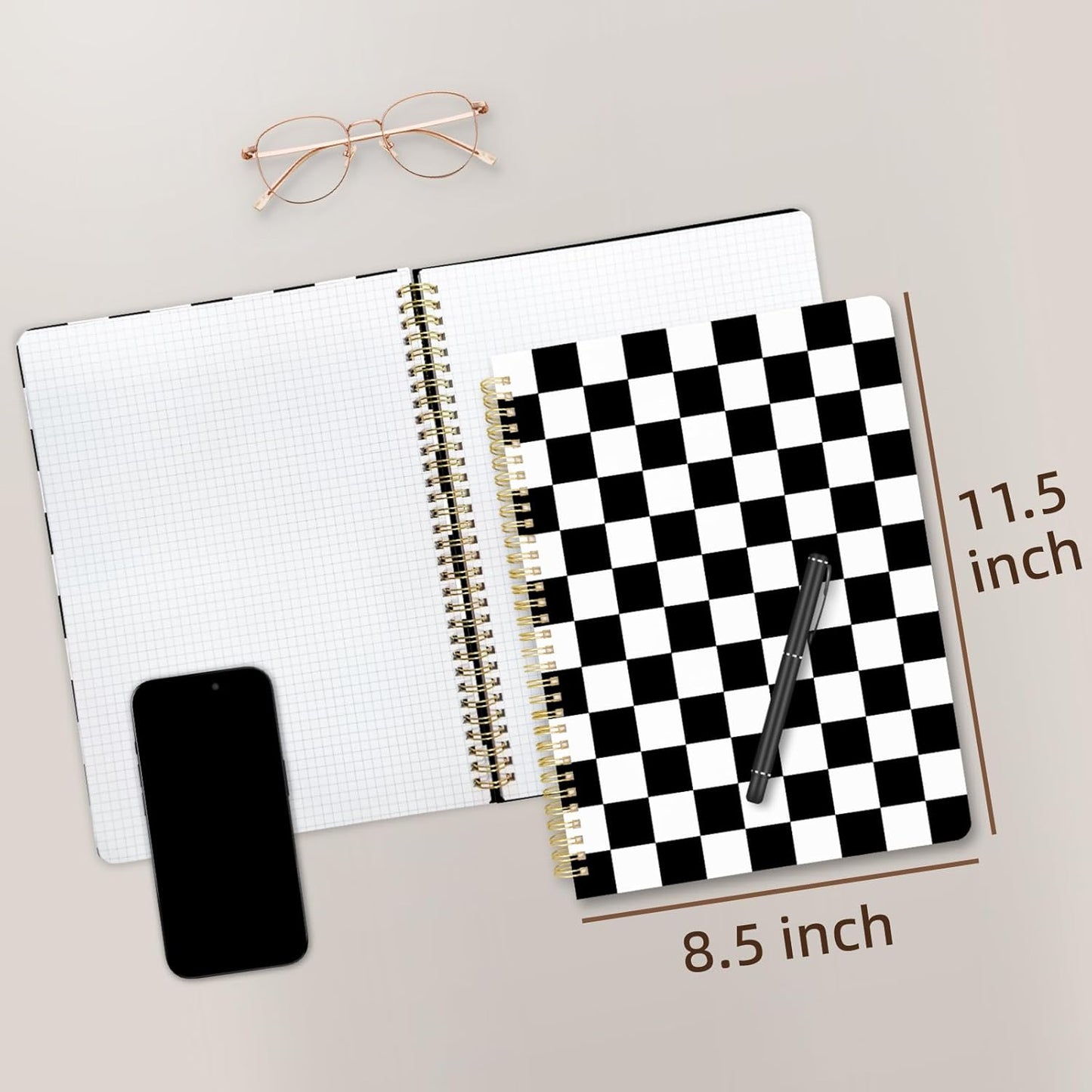 Cute Spiral Notebook journal A4 Aesthetic Pretty Design for Women Girls Kawaii with Pocket, 8.5 x 11 inch, Graph, Black Plaid