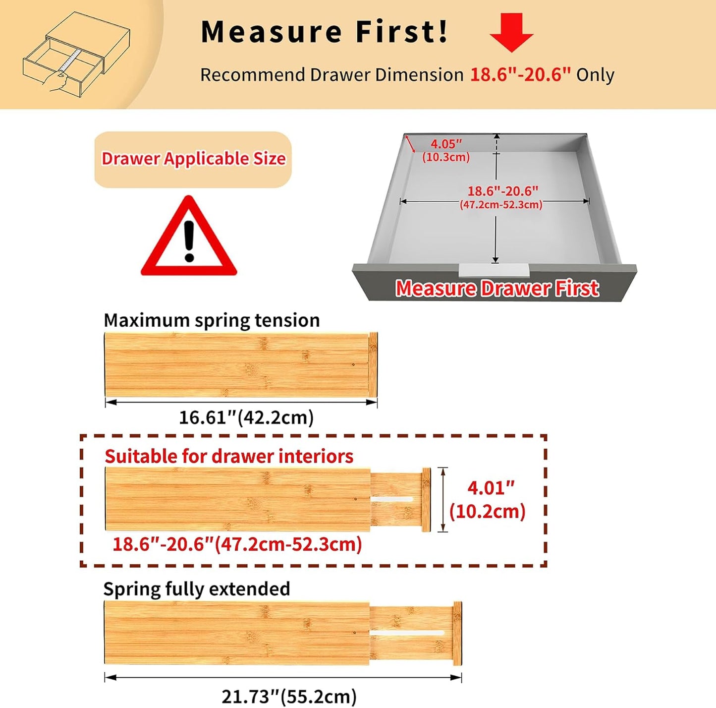 Utoplike Bamboo Drawer Dividers Large(Fits 18.6"-20.6" Drawer Inner Size, Height > 4.05"), Adjustable Kitchen Drawer Organizers for Clothing, Spring Loaded, 4 pcs