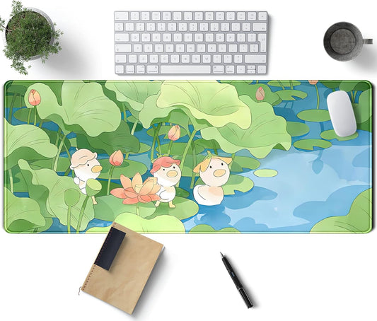 Kawaii Desk Mat Cute Mouse Pad Green Healing Design Cartoon Anime Duck Desk Pad Large Laptop Keyboard Mat Pad Computer Mouse Pads for Girl Desk Office Decor, 31.5x11.8 in Desktop Mousepad Deskmat