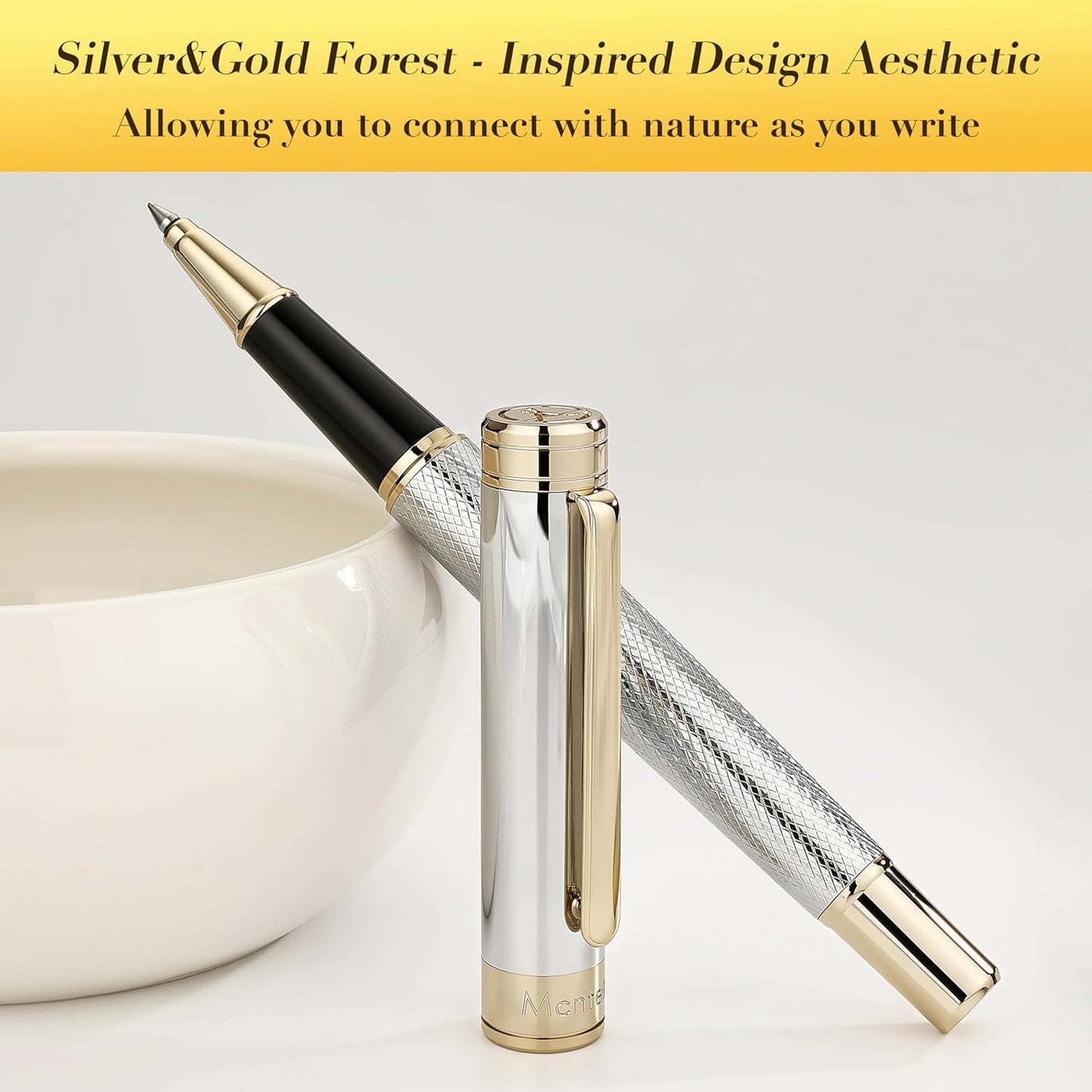 Silver Chrome Rollerball Pen, Stunning Luxury Pen with Mesh Texture Design、Silver Chrome Finish and 24K Gold Accents, Nice Gift Set for Men & Women, Business, Executive, Office, Fancy Pens