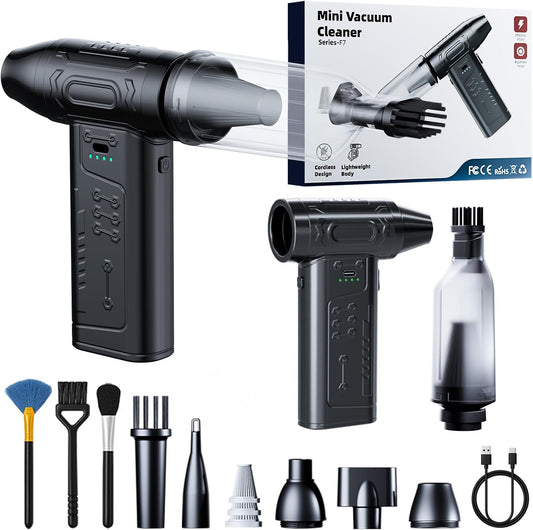 fourq Compressed Air Duster,Mini Vacuum Cleaner 2-in-1,4000 mAh,130,000 RPM Brushless Motor,8000Pa，120MPH/1.1LB Thrust Car Dryer Air Blower for Car Cleaning,Computer Cleaning