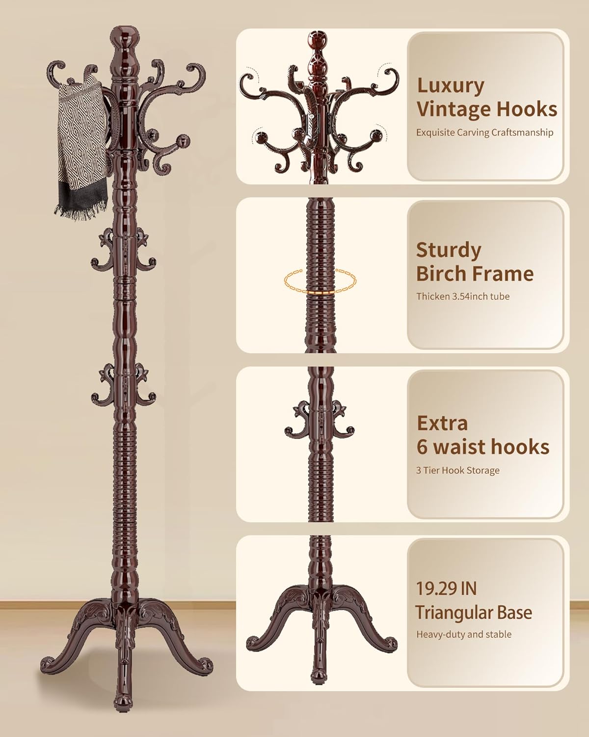 EZIVIEZ Wooden Coat Rack Stand, Solid Wood Freestanding Coat Rack, Vintage Coat Racks with 14 Hooks & Triangle Base, Standing Coat Hanger Jacket Tree Stand for Office, Entryway, Hallway