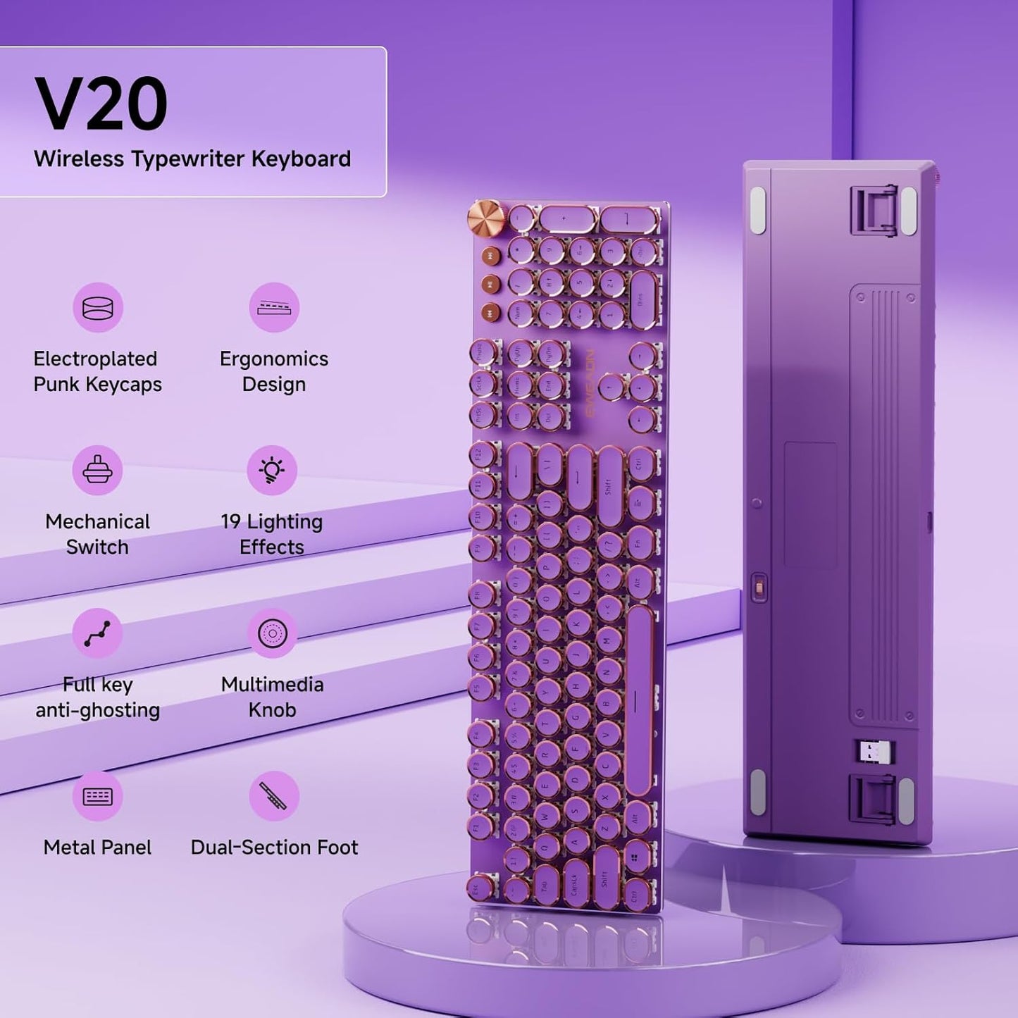 EWEADN V20 Typewriter Keyboard Wireless, 104 Keys Typewriter Style Mechanical with White Backlit, Media Knob, Pink Switch 2.4G/Bluetooth/USB-C Wired Retro Full Size Keyboard for Windows/Mac/PC-Purple