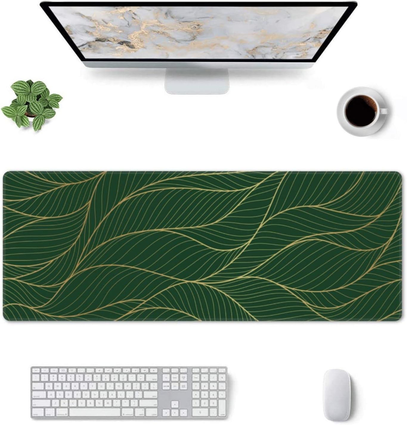Xl Large Gaming Mouse Pad, Abstract Gold Line Art Full Desk Mousepad with Stitched, Long Non-Slip Base Keyboard Pad, PC Laptop Computer Mat Gifts for Women Office Decor, (Emerald Green, 31.5*11.8 In)