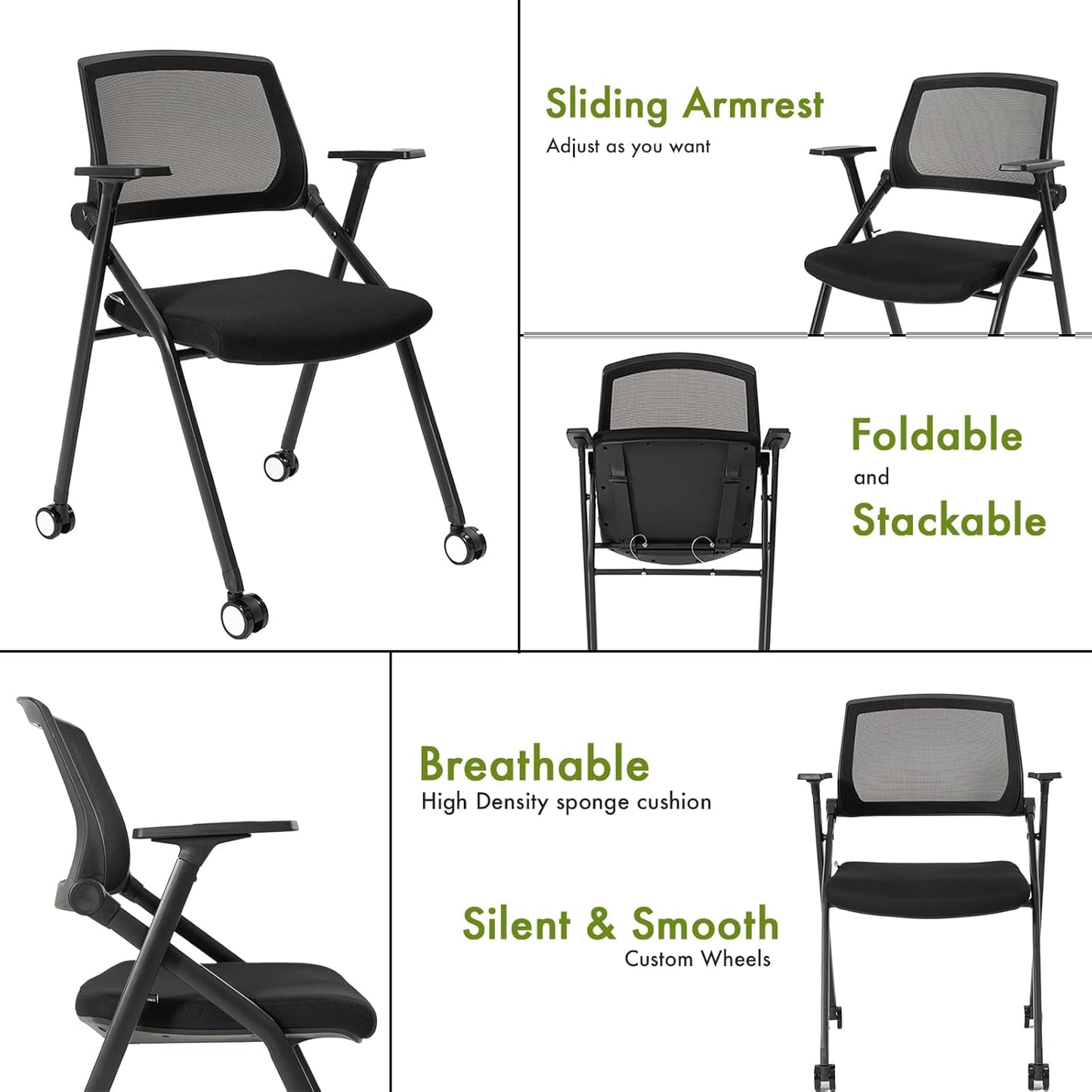 10 Pack Conference Room Chairs with Wheels and Sliding Armrest,Foldable Nesting Chair for Office School Church Waiting Room Black