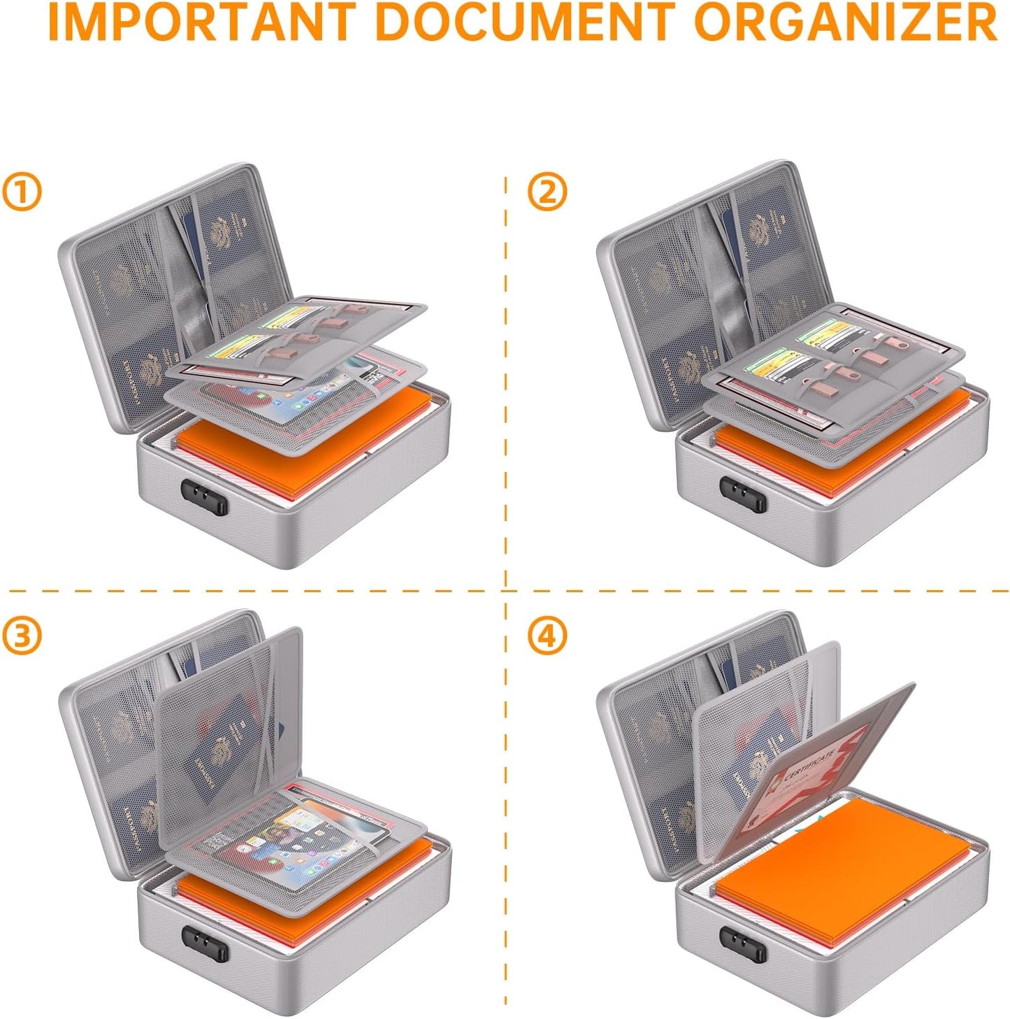 DocSafe 5200°F Document Organizer with Lock,Upgraded Heat Insulated Fireproof＆Waterproof Box 8 Layers File Organizer,Portable Home Travel Safe Storage for Important Documents, Files,Silver (Soft)