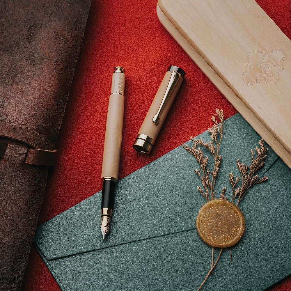 Wordsworth & Black Fountain Pen Set, Luxury Bamboo Wood - Medium Nib, Gift Case; Includes 6 Ink Cartridges, Ink Refill Converter -Journaling, Calligraphy; Drawing, Smooth Writing [Maple Wood]