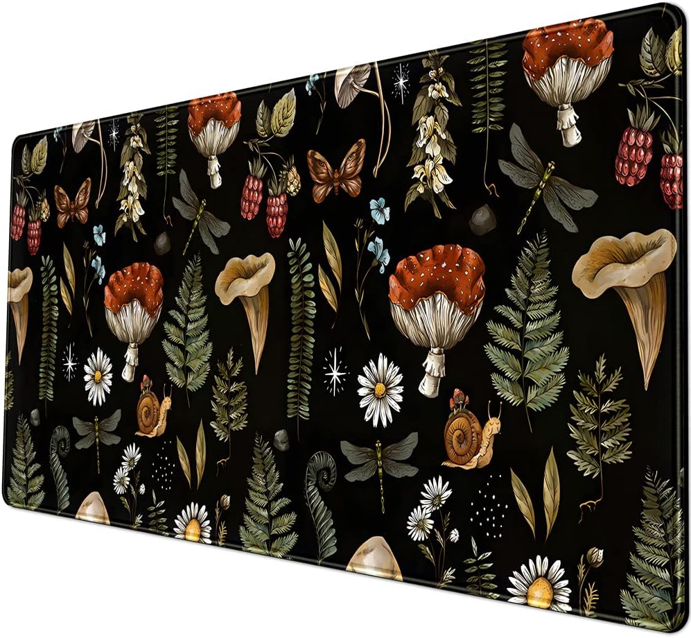 Black Mouse Pad Cottage Core Aesthetic Mouse Pads Mushroom Desk Pad Vintage Mouse Pad Forest Magic Nature Large Desk Pad Ergonomic Mouse Pads with Stitched Edges Non-Slip Computer Mat 31.5x15.7 in