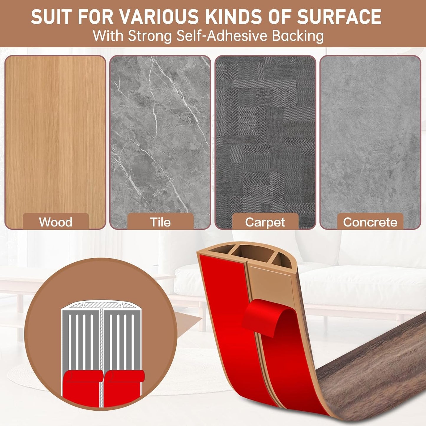 Floor Cord Cover Self Adhesive Cord Hider Floor Extension Cord Covers for Floor Power Cord Protector Cable Management Prevent Cable Trips Cable Cavity 0.47" W x 0.27" H (Smoked Brown Wood, 10Ft)