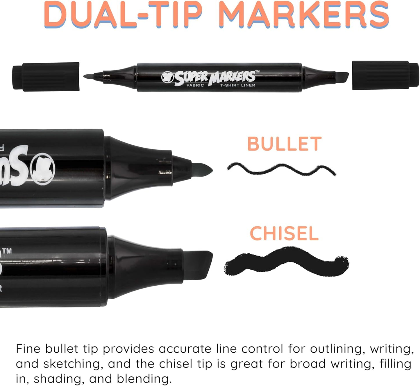 Super Markers Black Dual Tip Fabric & T-Shirt Markers, Set of 6 - Double-Ended with Chisel Point and Fine Point Tips - Permanent Vibrant Ink - Outline Clothing Designs Decorate Clothes