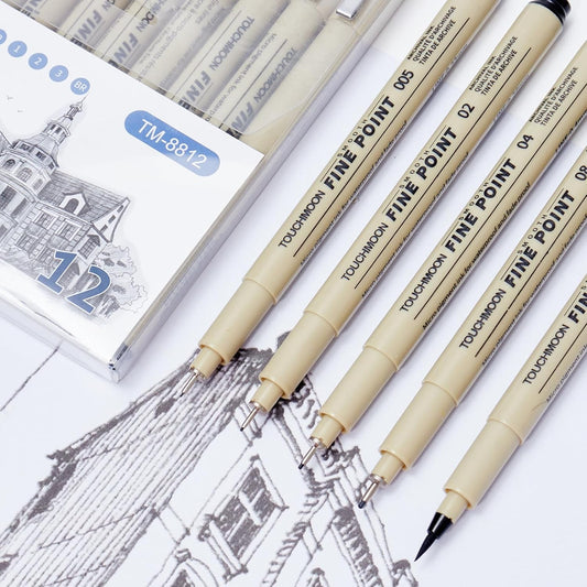 12 Pack Fineliner Drawing Pens – Black Waterproof Micro Line Ink Pens with Assorted Tip Sizes (005 to BR) for Manga, Sketching, Journaling & Technical Illustration