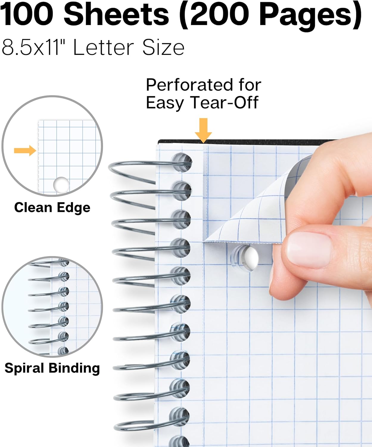 Dunwell Graph Paper Notebook 8.5 x 11 (Black) Plastic Cover, 100 Sheets (200 Pages), 4x4 Squares, 1 Subject Graph Paper Spiral Notebook, 1/4" Grid, Pocket Divider, Easy Tear-Off, 3-Hole Punched